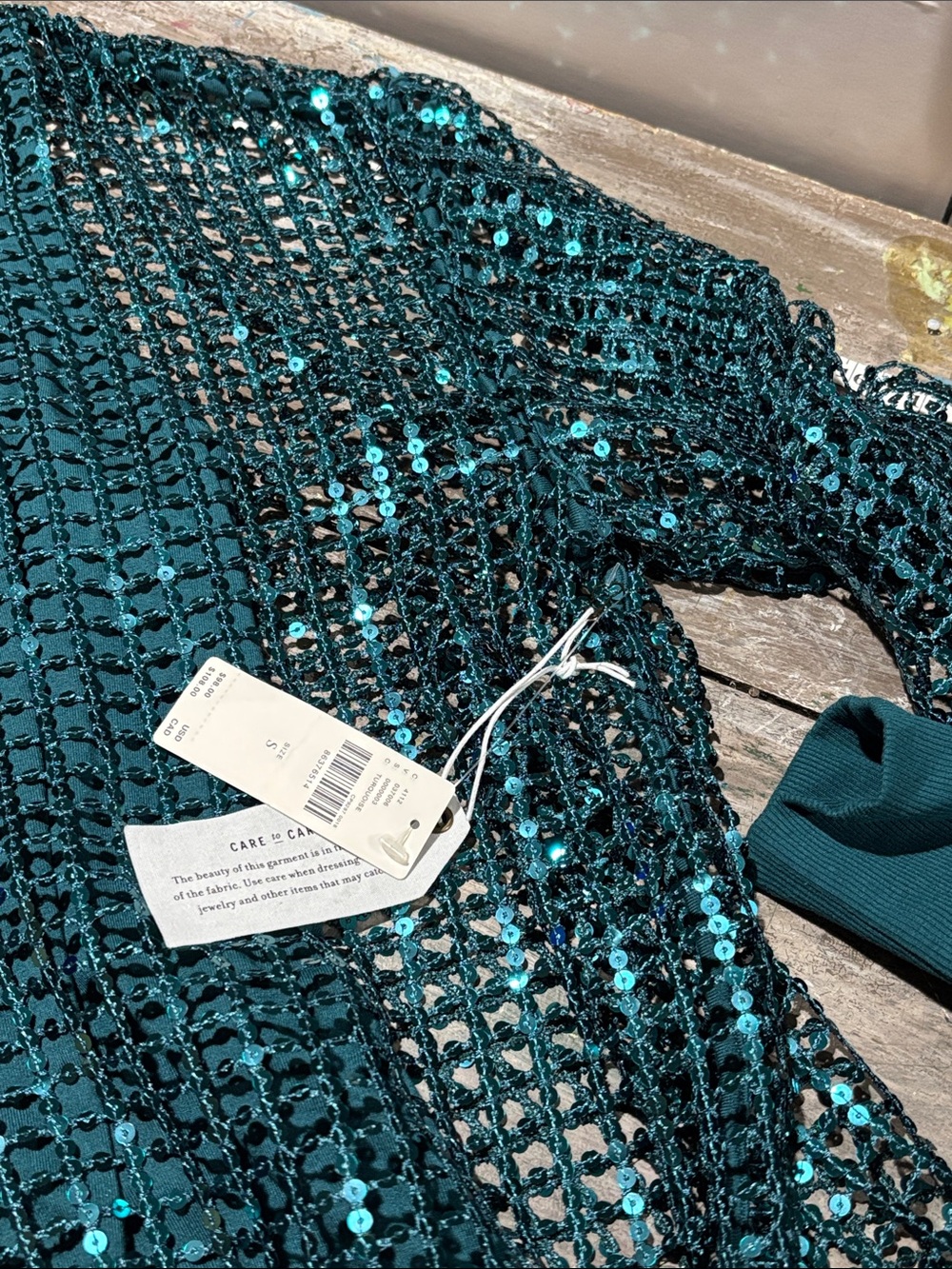 NWT Anthropologie Pilcro Sequin Shine Mesh Top - Teal / Turquoise - Size [S] - Picture 4 of 11